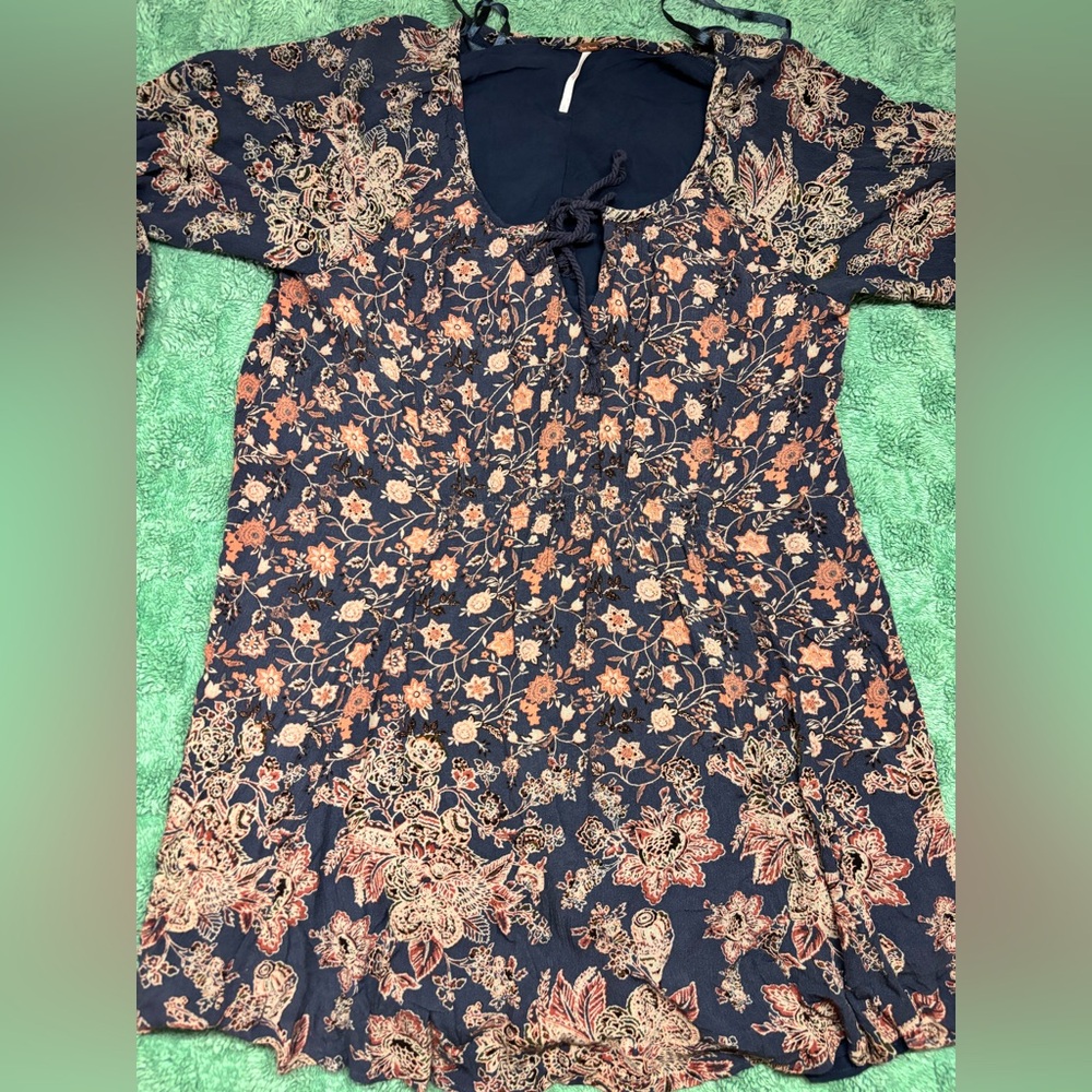 Free People Style Blue Floral Boho Tunic Top Flowy Long Sleeve - Picture 4 of 10